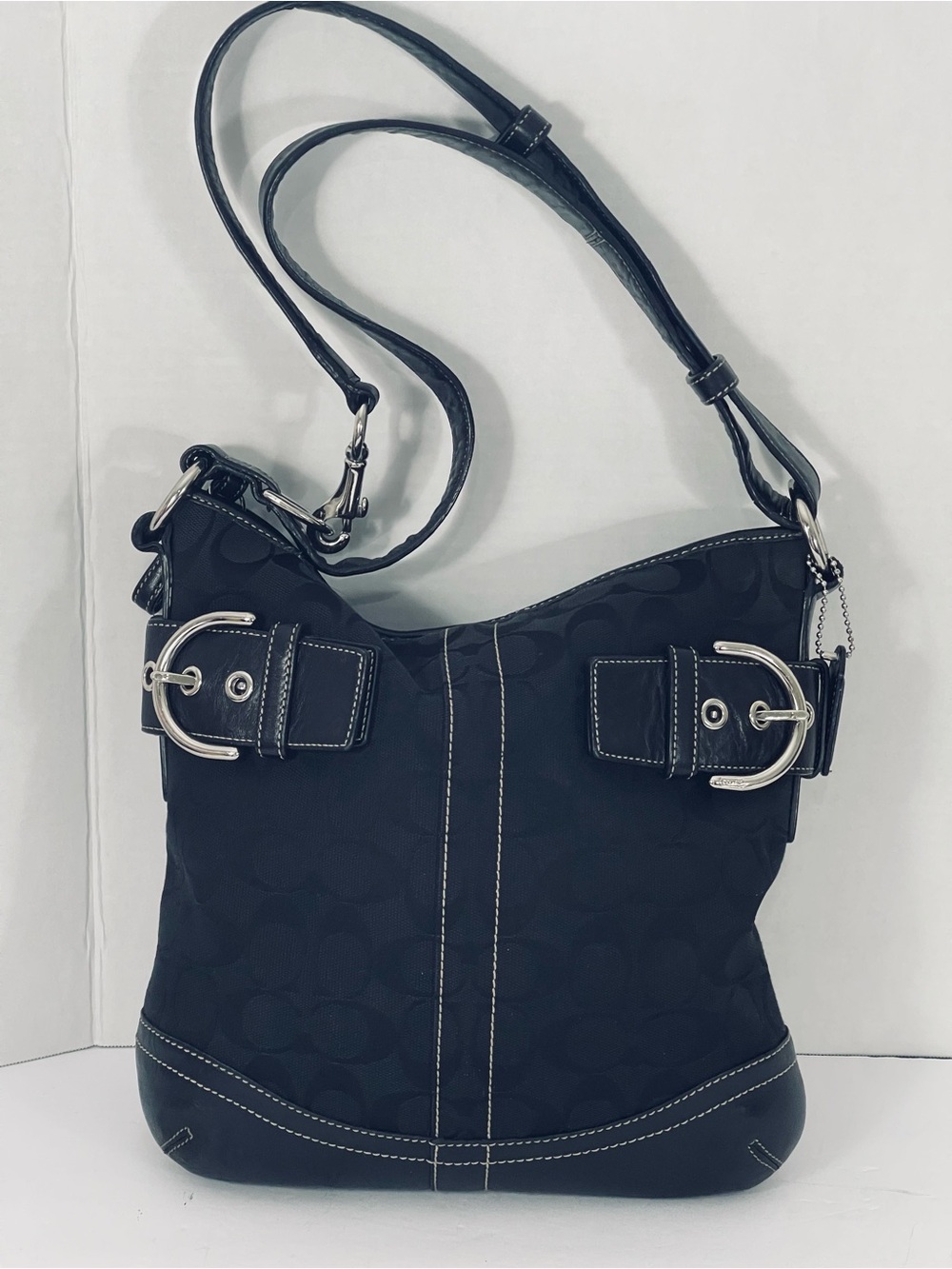 Vintage Black Coach Signature-Pattern Shoulder Bag #3574